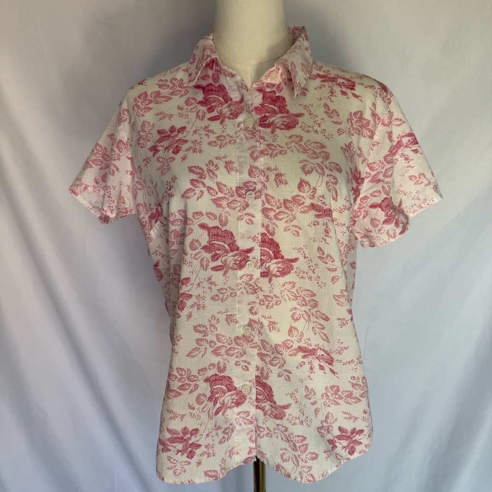 Lemon Grass 100% Cotton Pink Floral Short-Sleeve Button-Down Shirt Medium
